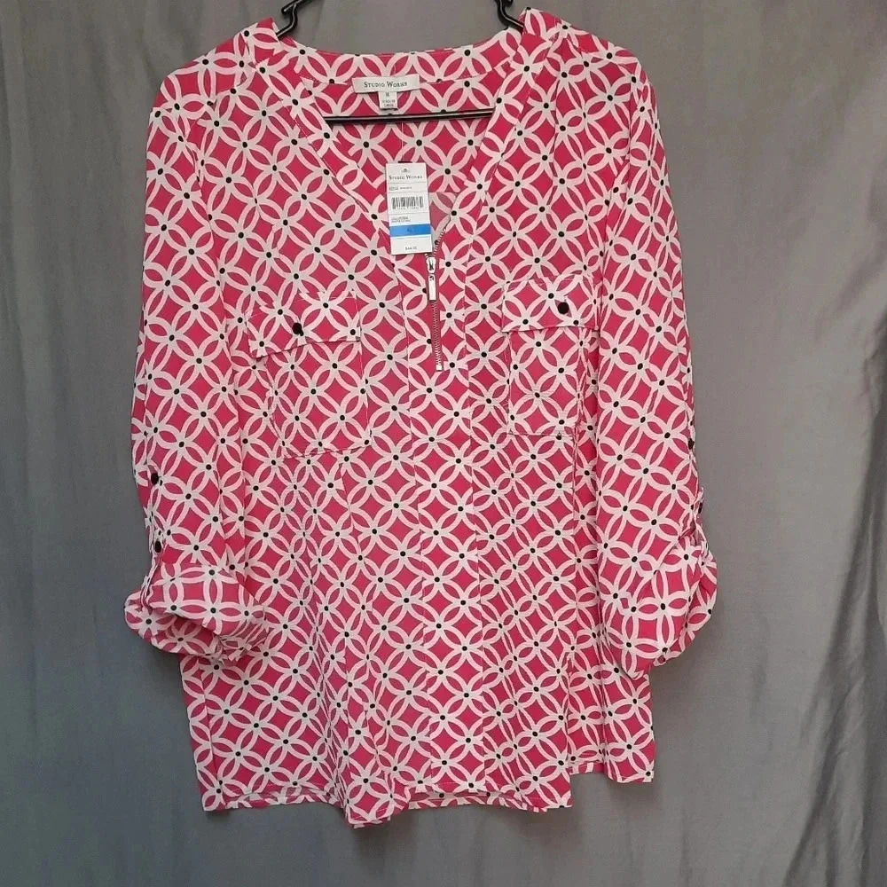 Studio Works Pink 1/4 Zip Floral  Geo PatternTop Roll Up Cuffs Womens Sz XL